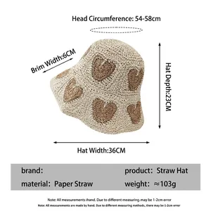 Foldable beige straw sun hat with brown heart patterns for women beach travel