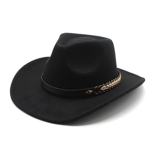 Classic black felt cowboy hat with leather braided band and wide rolled brim on white background