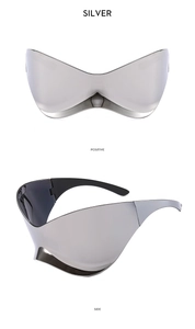 Front and side views of silver Y2K futuristic wrap-around sports sunglasses in metallic finish