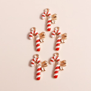 Five Christmas candy cane pendants with gold bows and rhinestones for DIY jewelry