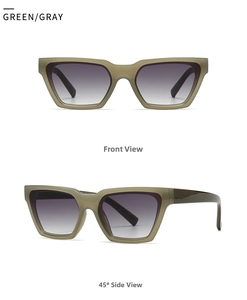 Front and 45-degree views of olive green cat-eye sunglasses with gradient lenses