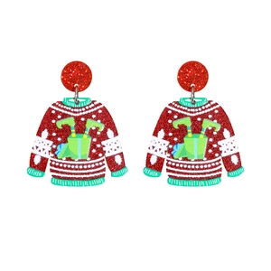 Creative Christmas ugly sweater drop earrings with red glitter and festive patterns