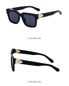 Detail views of square sunglasses with black frames and gold arrow metal hinges