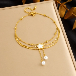Stainless Steel Gold Layered Anklet Shell Flower Artificial Pearl Tassel Elegant Summer Jewelry For Women
