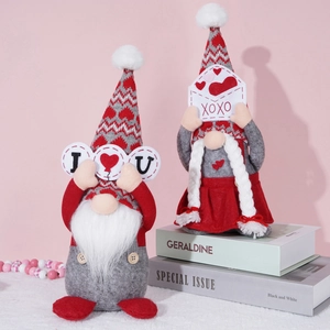 Valentine's Day faceless gnome plush dolls with I Love You and XOXO signs on pink background