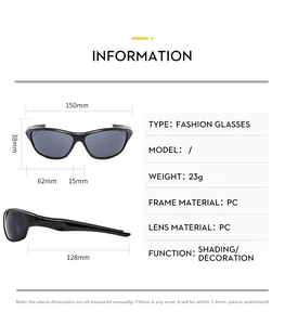 Detailed size chart for Y2K sporty sunglasses showing frame dimensions and PC material specs