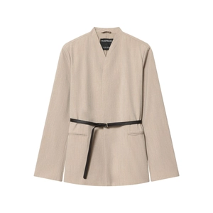 Women Blazer With Belt Solid Color Long Sleeve Lapel Casual Office Outerwear Polyester Elegant Chic