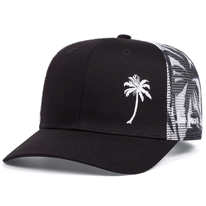 Classic black and white trucker hat with coconut tree embroidery and palm mesh detail