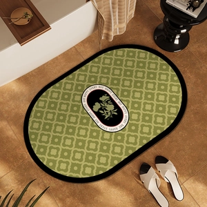 French style oval green diatom mud bath mat with floral pattern and anti-slip texture