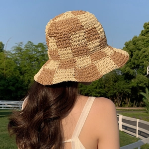 Women Straw Woven Bucket Hat Checkerboard Pattern Wide Brim Sun Protection Summer Beach Japanese Style Breathable