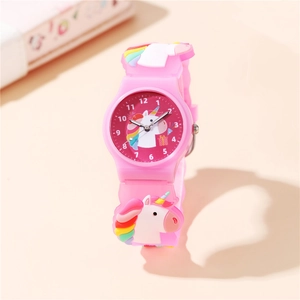 Pink silicone children's watch featuring colorful unicorn patterns on the strap and dial