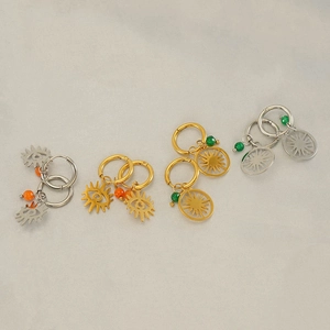 Golden and silver stainless steel evil eye and sunflower earrings set with colorful beads