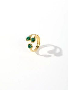 Detail of gold titanium ring with three round green malachite stones and open band