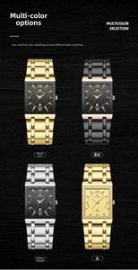 Detailed comparison of rectangular men's quartz watches in black, gold, and silver finishes