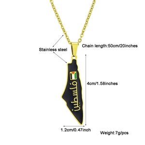 Detailed size chart of a Palestine map pendant necklace with stainless steel dimensions