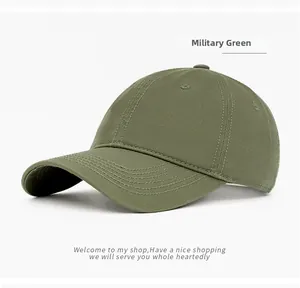 Detail view of military green cotton baseball cap with twill fabric and curved brim