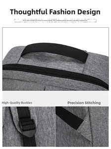 Detailed view of grey Oxford fabric backpack with reinforced seams and adjustable buckle