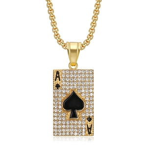 Gold-plated Ace of Spades poker pendant necklace with diamonds on Cuban link chain