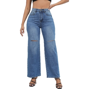 Women's high waist flared denim jeans with ripped knee design in washed blue finish