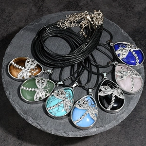 Dragonfly teardrop natural stone pendant necklaces with leather cord in various colors