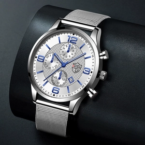 Men's business quartz watch with silver mesh band and blue numeral textured dial