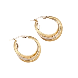 Three-tone geometric stainless steel earrings with textured diamond pattern in round shape