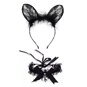 Detail of black lace cat ears headband and choker set with ribbon and bell accents