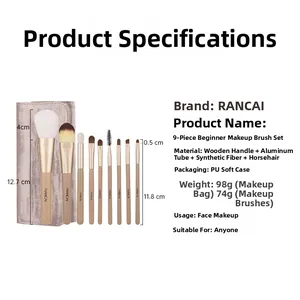 Detailed dimensions of 9pcs makeup brush set with animal hair and a grey PU storage bag
