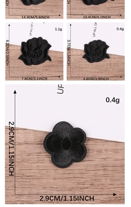 Detailed size comparison of black rose and flower embroidered patches for DIY clothes