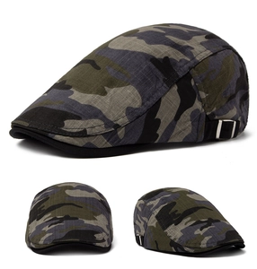 Detail view of camouflage beret featuring a side silver adjustable metal buckle