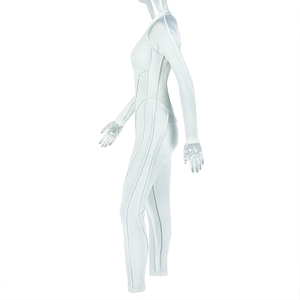 Side view of white long sleeve bodysuit on mannequin showing slim fit and seam details