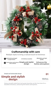 Detailed close-up of a festive Christmas wreath with pine cones red berries and burlap bows