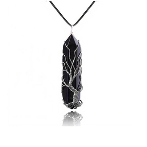 Handmade silver wire-wrapped tree of life black obsidian hexagonal crystal necklace