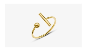 Macro detail of gold T-shaped open ring featuring a minimalist rod and bead design