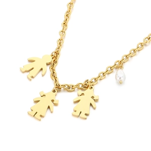 Gold stainless steel necklace featuring boy girl silhouettes and a white pearl charm
