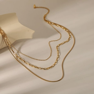 Three-layer 18K gold plated stainless steel necklace with snake and paperclip chains