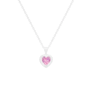 Pink heart pendant necklace in silver halo setting for women, minimalist sweet style