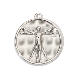 Macro detail of Vitruvian Man relief on round stainless steel pendant with grid texture