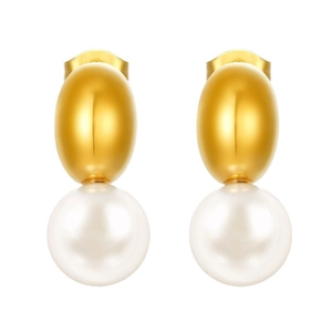 Elegant 18K gold plated oval stud earrings with lustrous white pearls for women