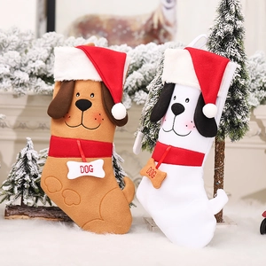 Christmas Stocking Plush Flannel Cartoon Dog Shape Santa Hat Bone Charm Holiday Home Party Decor Cute Novelty