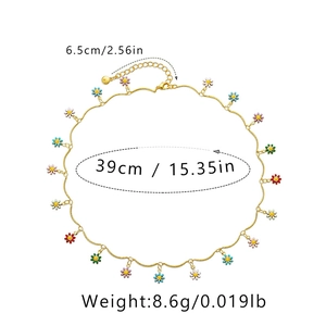 Detail view of colorful enamel daisy charms necklace with specific size and weight labels
