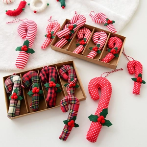 Christmas candy cane hanging ornaments set with red berries and plaid fabric designs