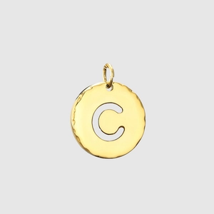 Golden round pendant with cutout letter C and hammered texture stainless steel
