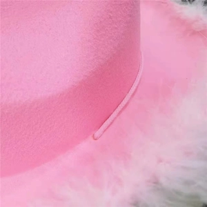 Close-up of bright pink felt cowboy hat with fluffy white feather trim and fine texture