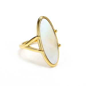 Minimalist gold oval ring with shell inlay and Y-shaped band shown from 45-degree angle