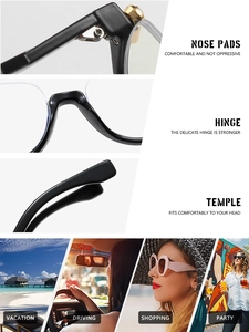 Detail view of cat eye semi-rimless frames with reinforced metal hinges and nose pads