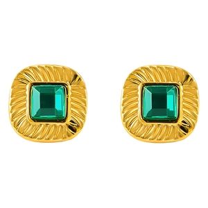 Retro square gold earrings with emerald green zircon and radial texture on white background