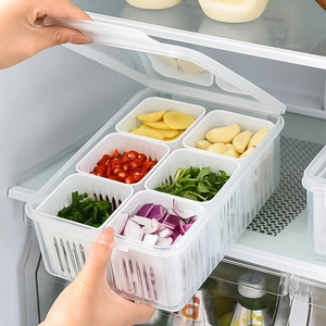 Square 6-compartment food storage box for refrigerator with drainable inner baskets