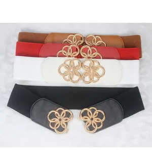 Elastic wide belt for women with elegant golden metal flower buckle in four colors