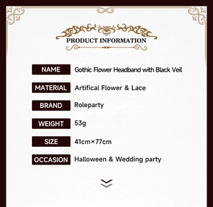 Detailed size and material specification chart for Gothic Flower Headband with Black Veil